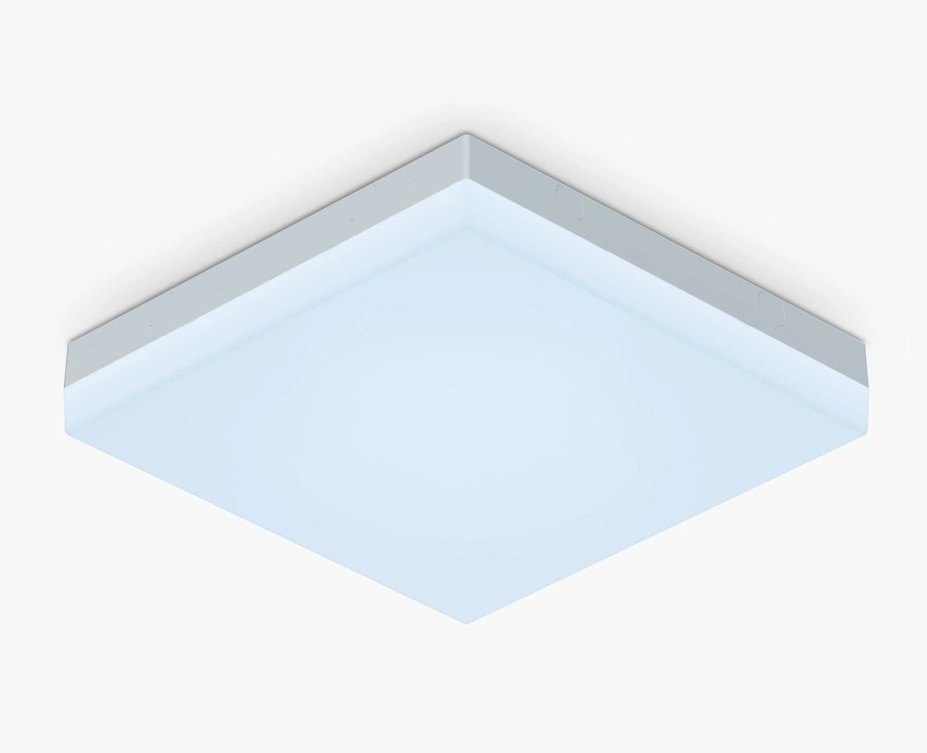 A square, flat ceiling light with a gray frame and a white diffuser.