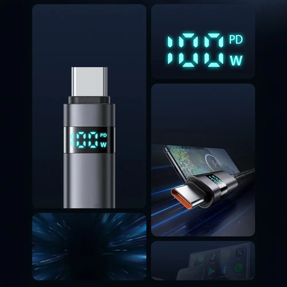 100W PD şarj gösteren dijital ekranlı USB-C kablosu yakın çekimi.