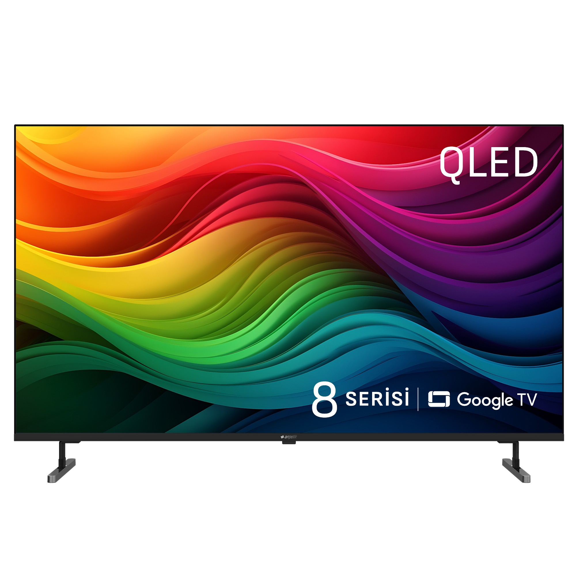 Modern QLED TV, gökkuşağı dalga deseni ve Google TV logosuyla.