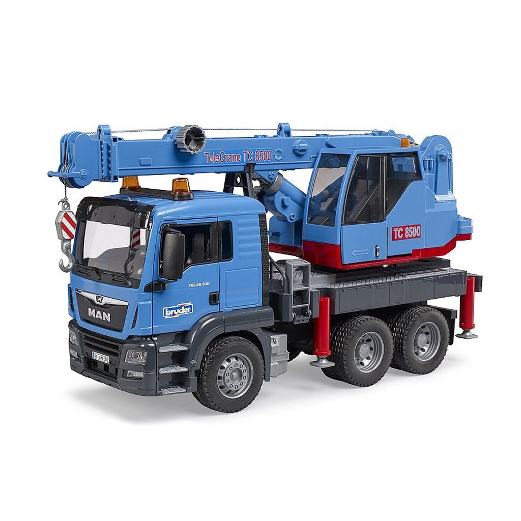 Blauer Spielzeug-Kranwagen mit roten Akzenten. Mit Teleskopausleger und Haken.
