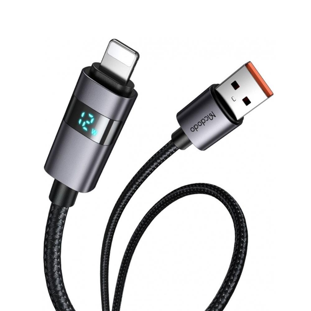 Mcdodo USB-C - Lightning kablosu, 12W şarj gösteren dijital ekrana sahip.