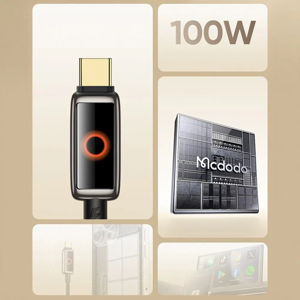 Altın konektörlü ve kırmızı LED'li USB-C kablosu. Yanında bir çip.