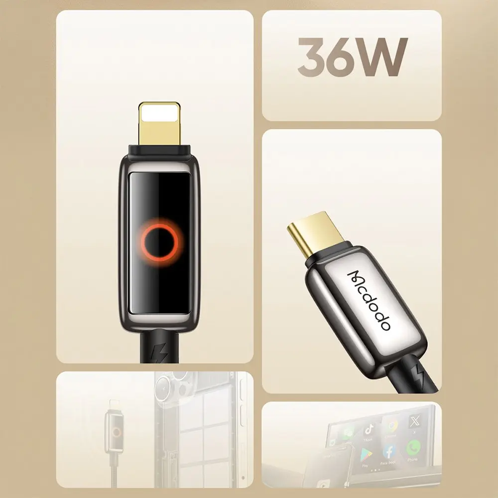 36W şarj kablosu, USB-C ve Lightning konektörlü, durum göstergeli.
