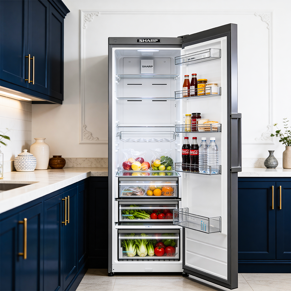 An open refrigerator stocked with food and drinks next to a kitchen counter.
