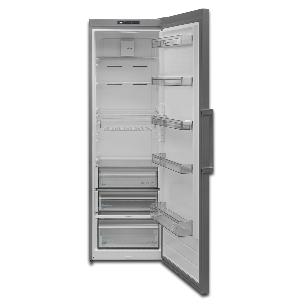 An open, empty gray refrigerator with glass shelves and drawers.