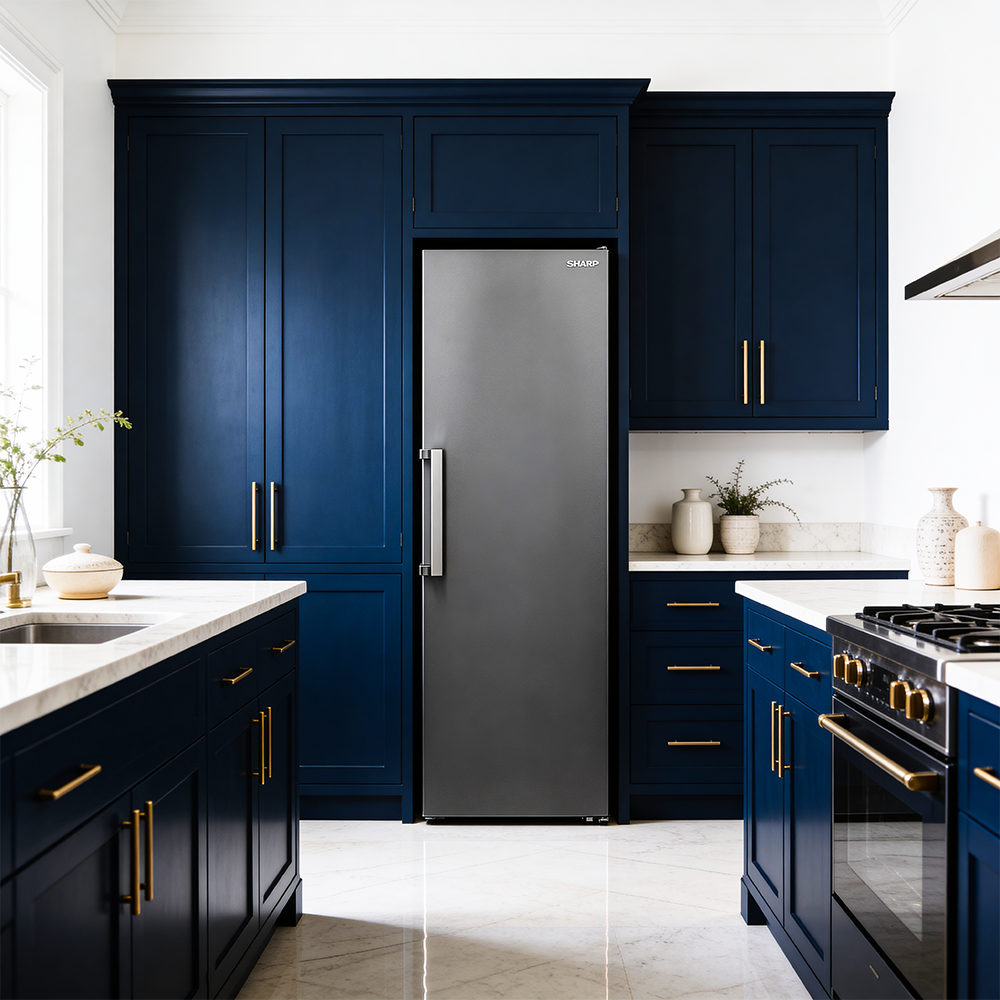 Modern kitchen with dark blue cabinets, refrigerator, stove, and marble countertops.