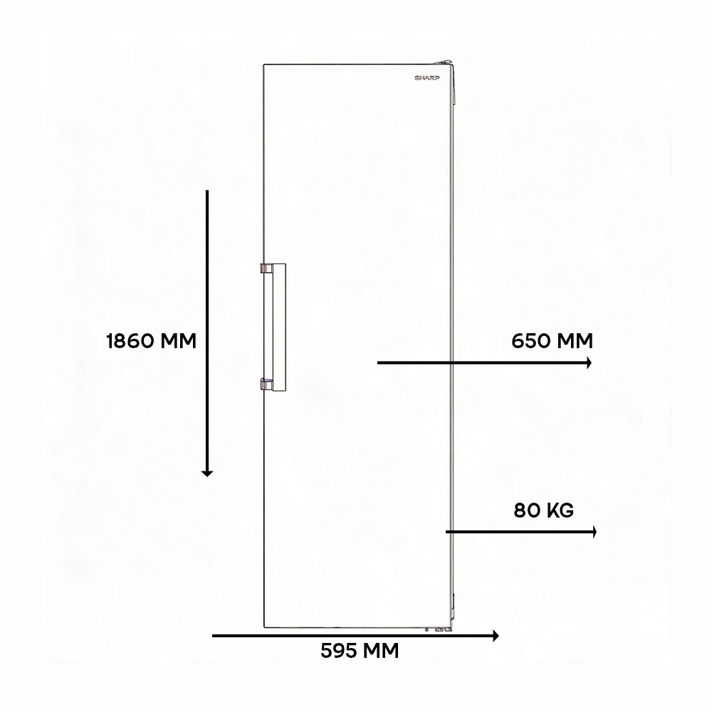 Sharp white slim refrigerator-freezer. Dimensions: H 1860mm, W 595mm, D 650mm, 80kg.