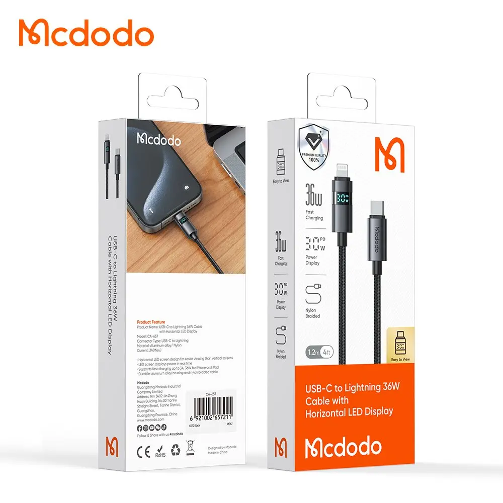Mcdodo USB-C - Lightning 36W Kablo Yatay LED Ekranlı.