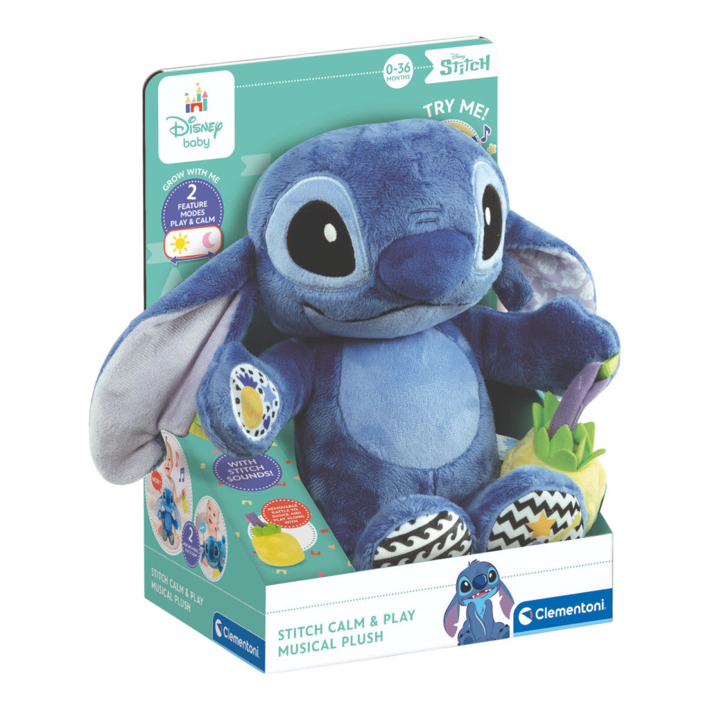 Ein blauer Stitch Plüsch im Karton mit Disney Baby Logo und Spielzeug-Ananas.