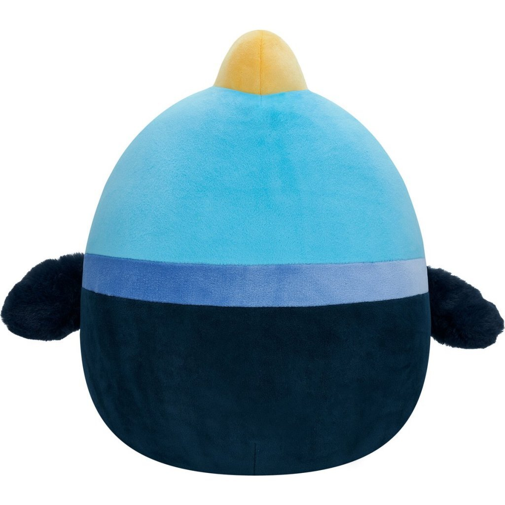 Peluche bleue en forme d'œuf, pointe jaune et bras foncés.
