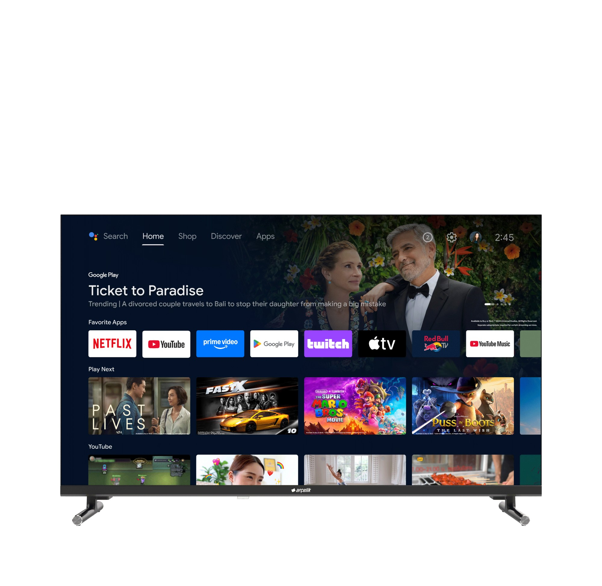 Bir TV ekranı film ve uygulamalar içeren bir arayüz görüntülüyor.