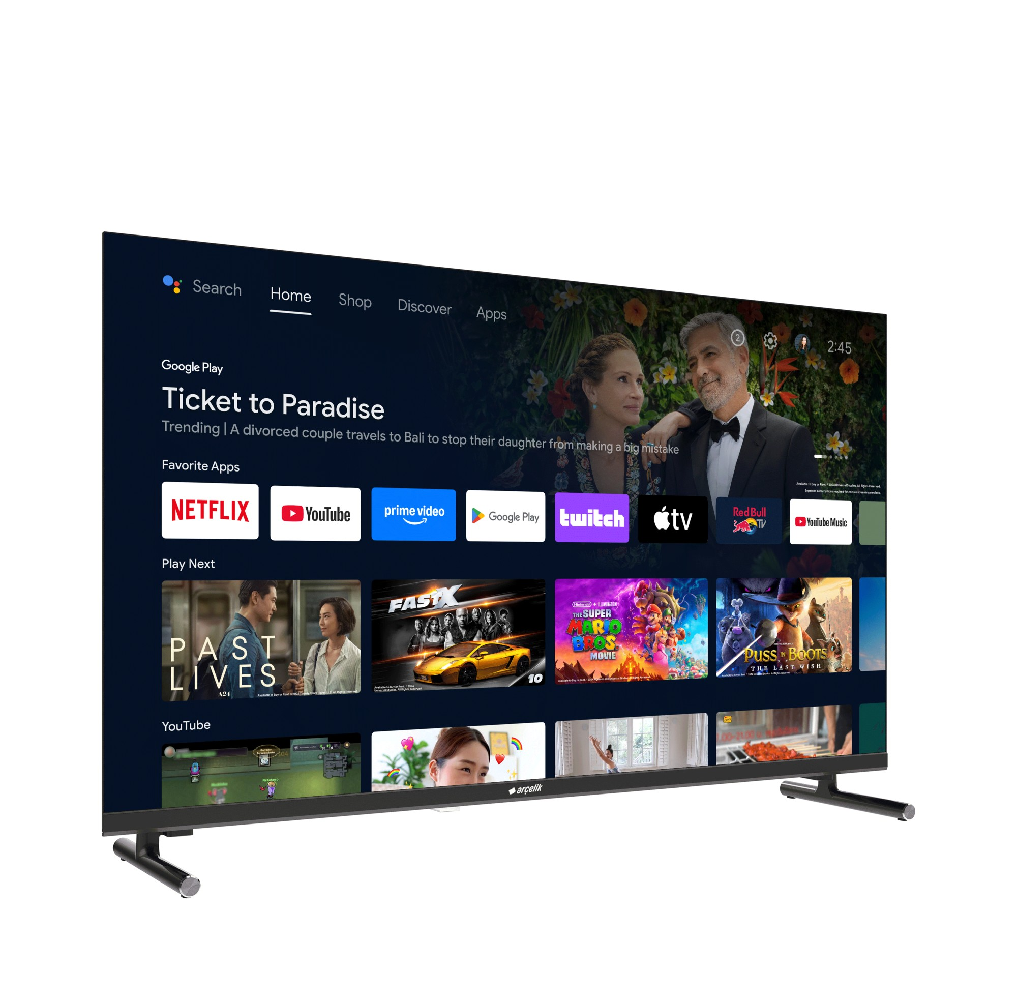 Akıllı TV, film posterleri ve uygulama simgeleriyle bir yayın arayüzü gösteriyor.