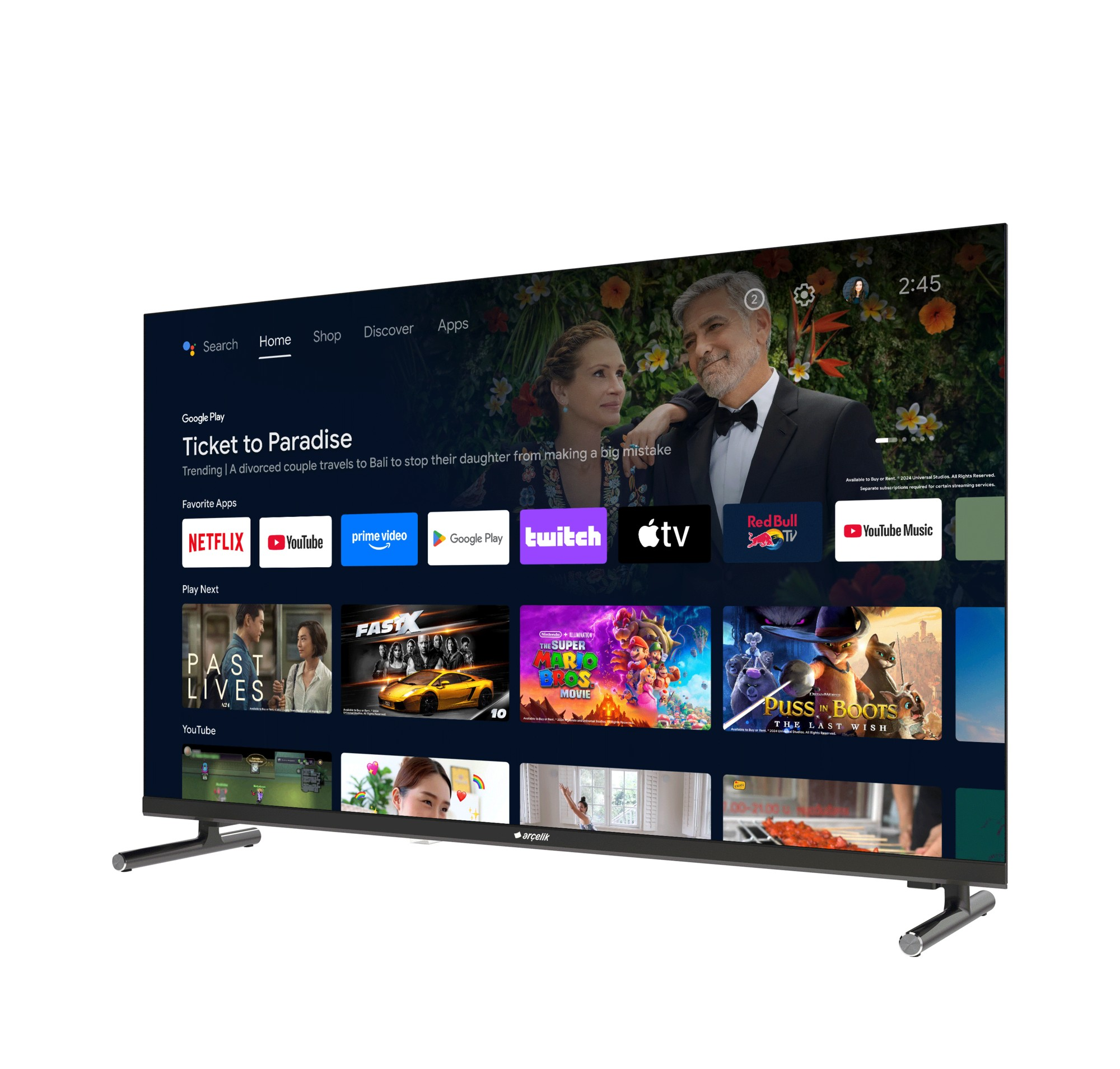 Modern bir TV, film ve uygulamalar içeren bir akıllı TV arayüzü gösteriyor.