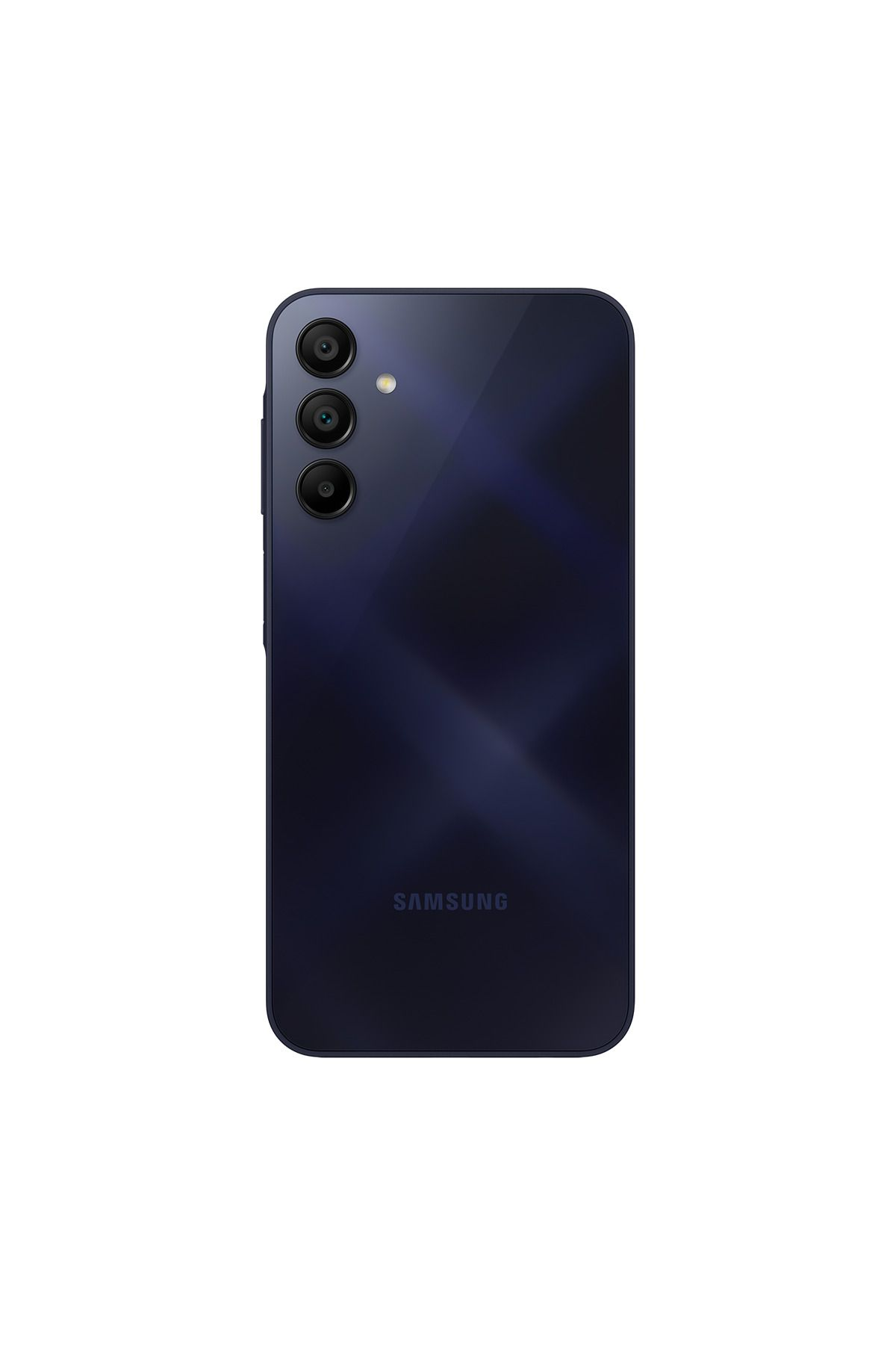 Arkada üç kamera ve flaşa sahip lacivert Samsung akıllı telefon.