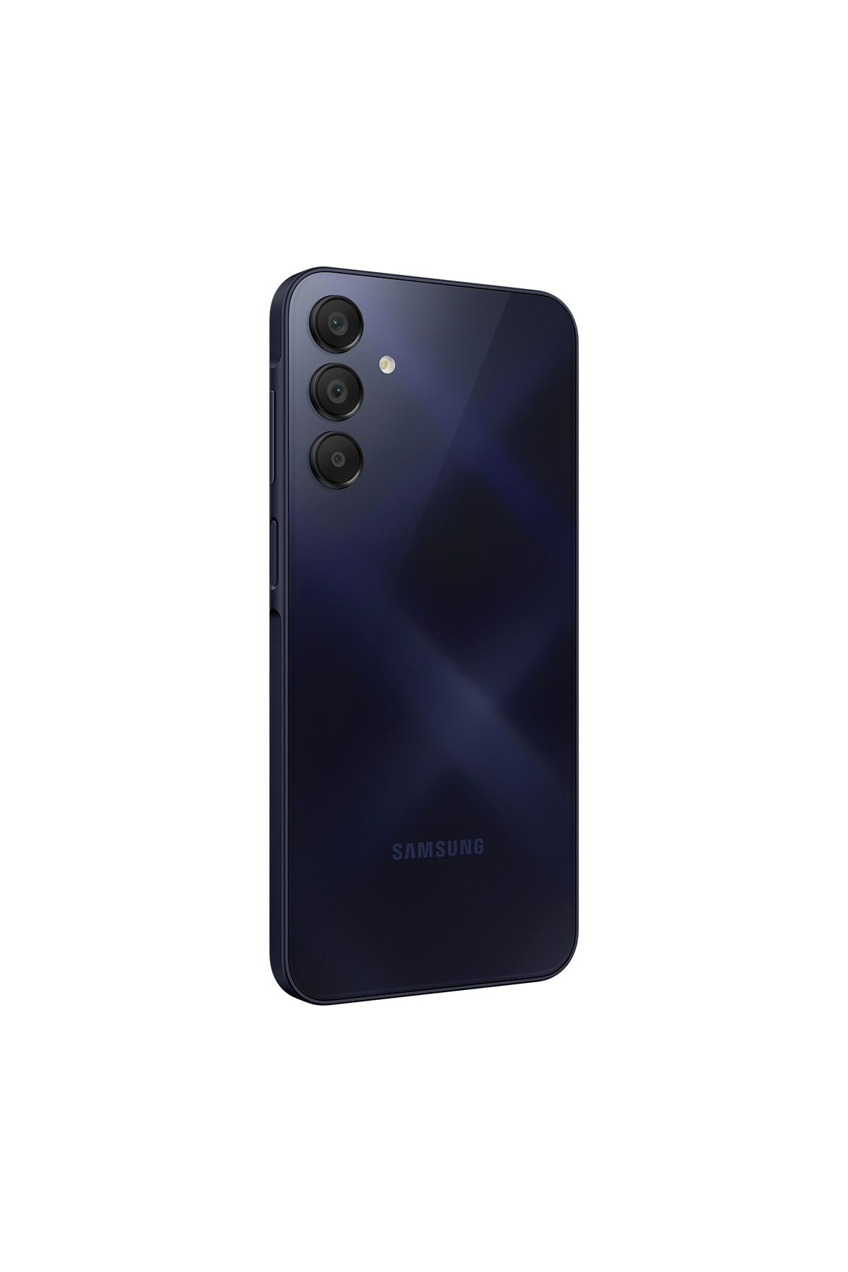 Üç kameralı ve flaşlı koyu mavi Samsung akıllı telefon.