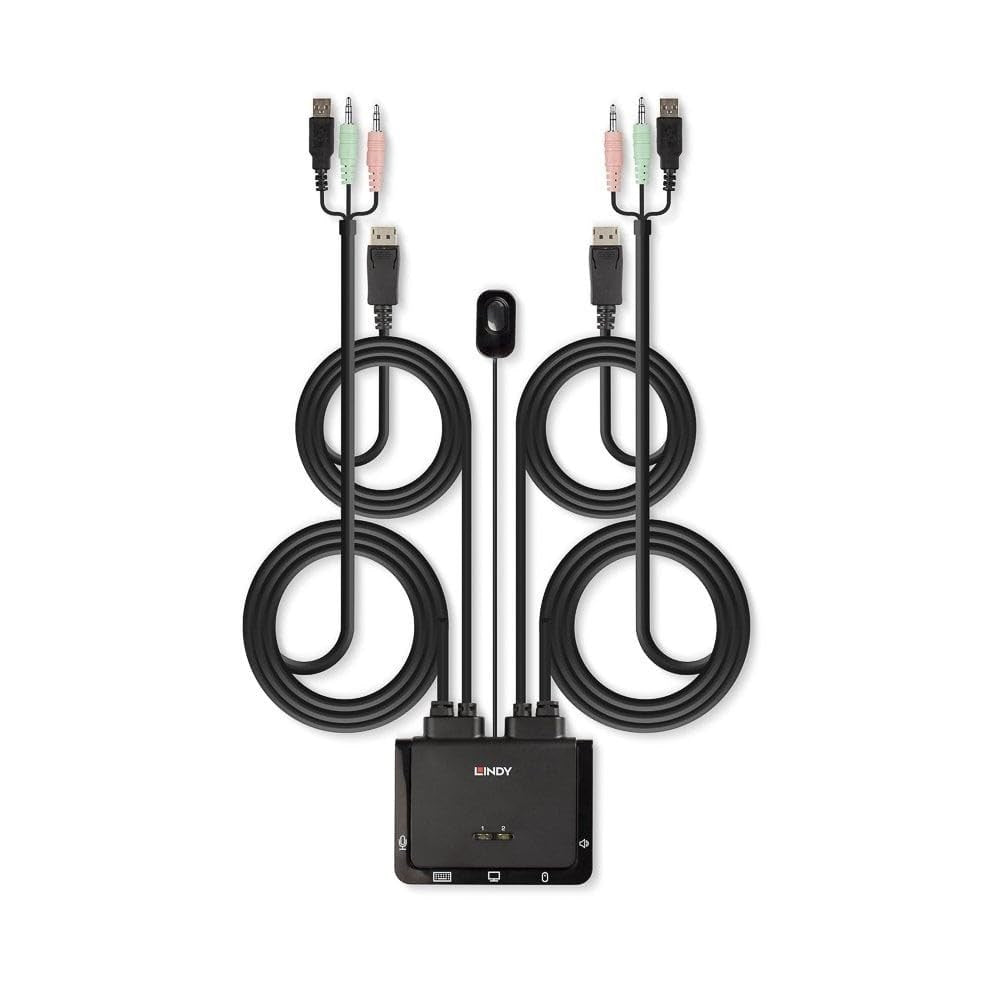 Een zwarte Lindy KVM-switch met twee USB- en audiokabels.