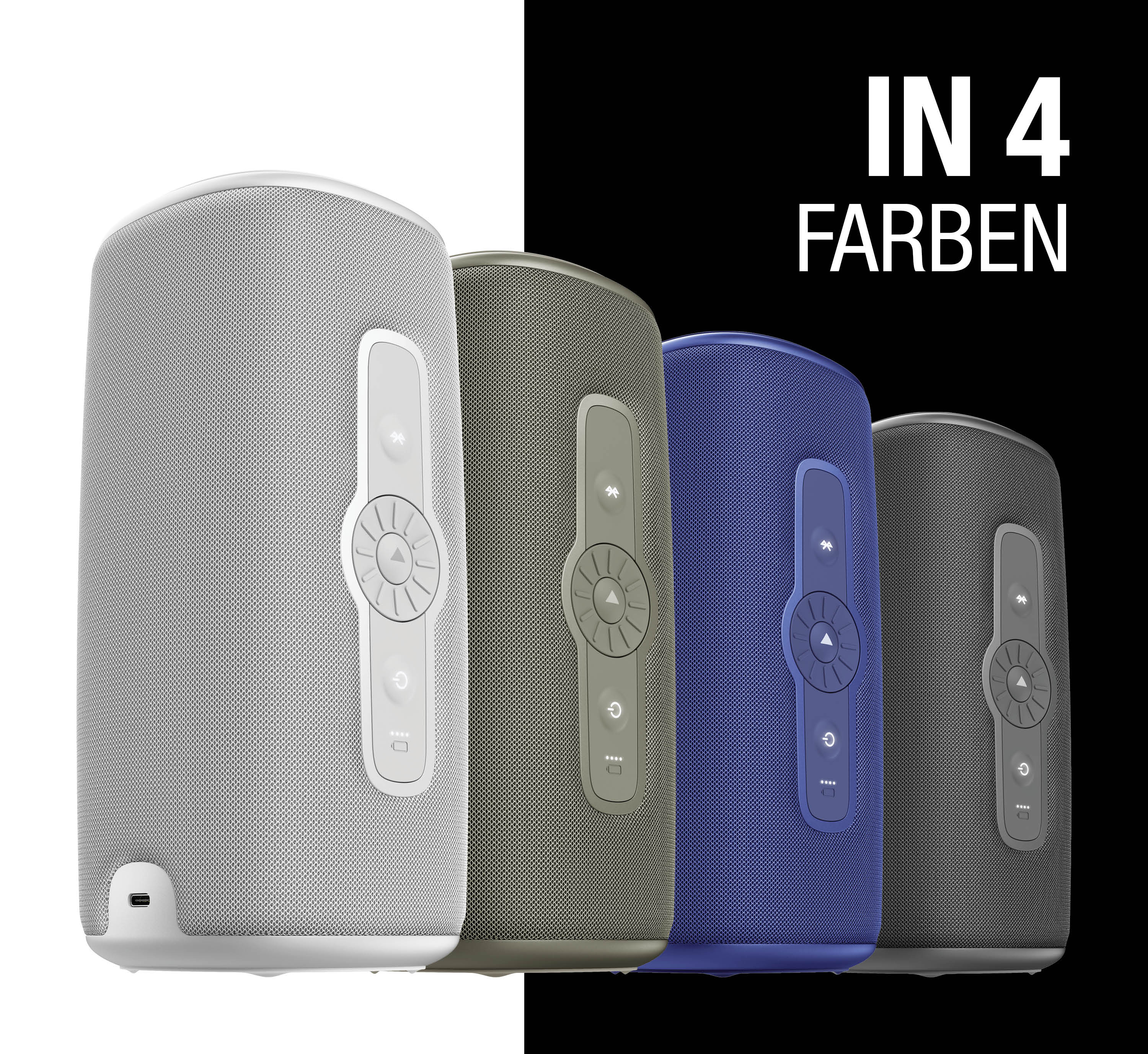 Vier Bluetooth-Lautsprecher in Grau, Oliv, Blau und Schwarz nebeneinander.