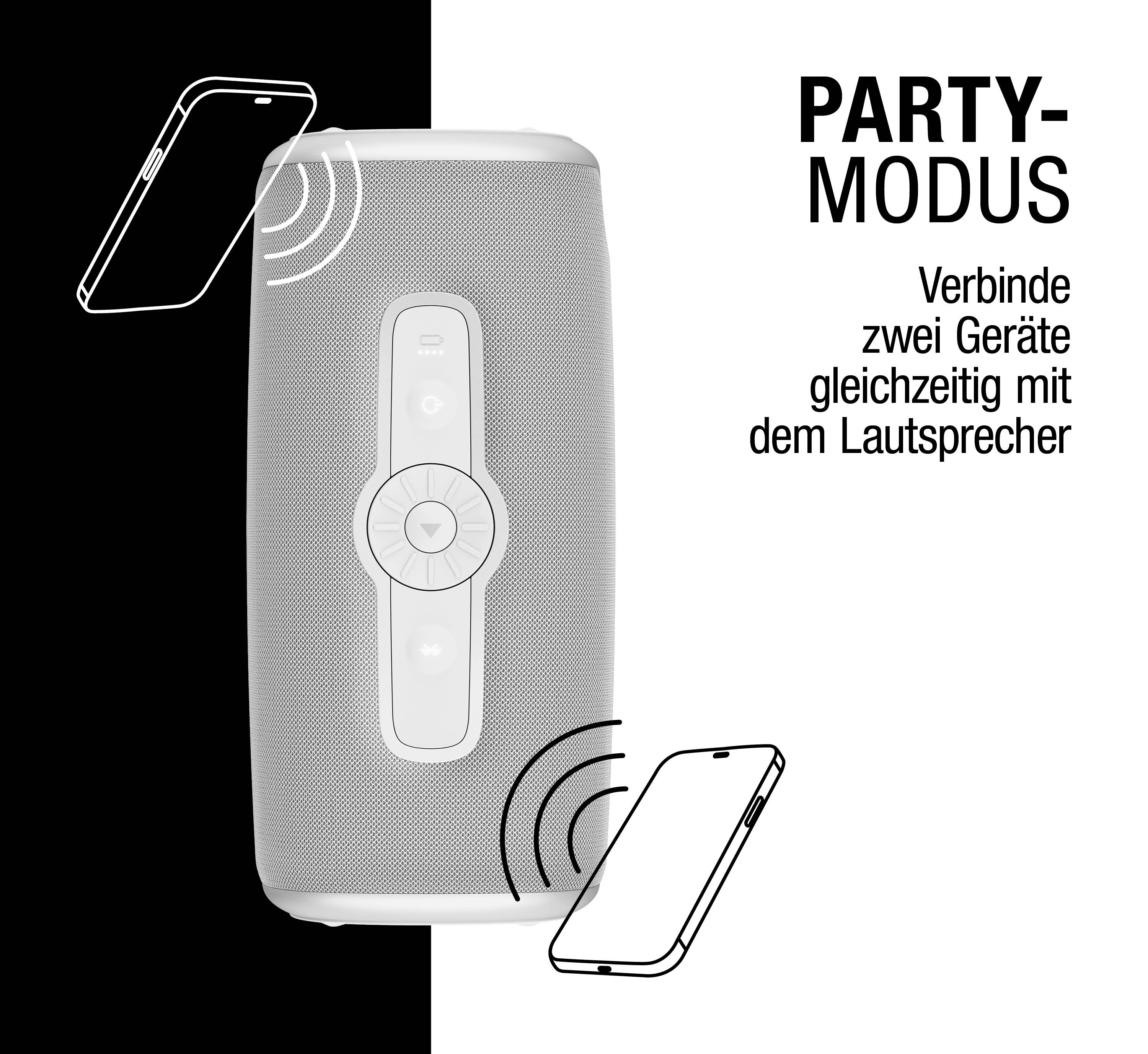 Ein weißer Lautsprecher verbindet zwei Smartphones im Party-Modus.