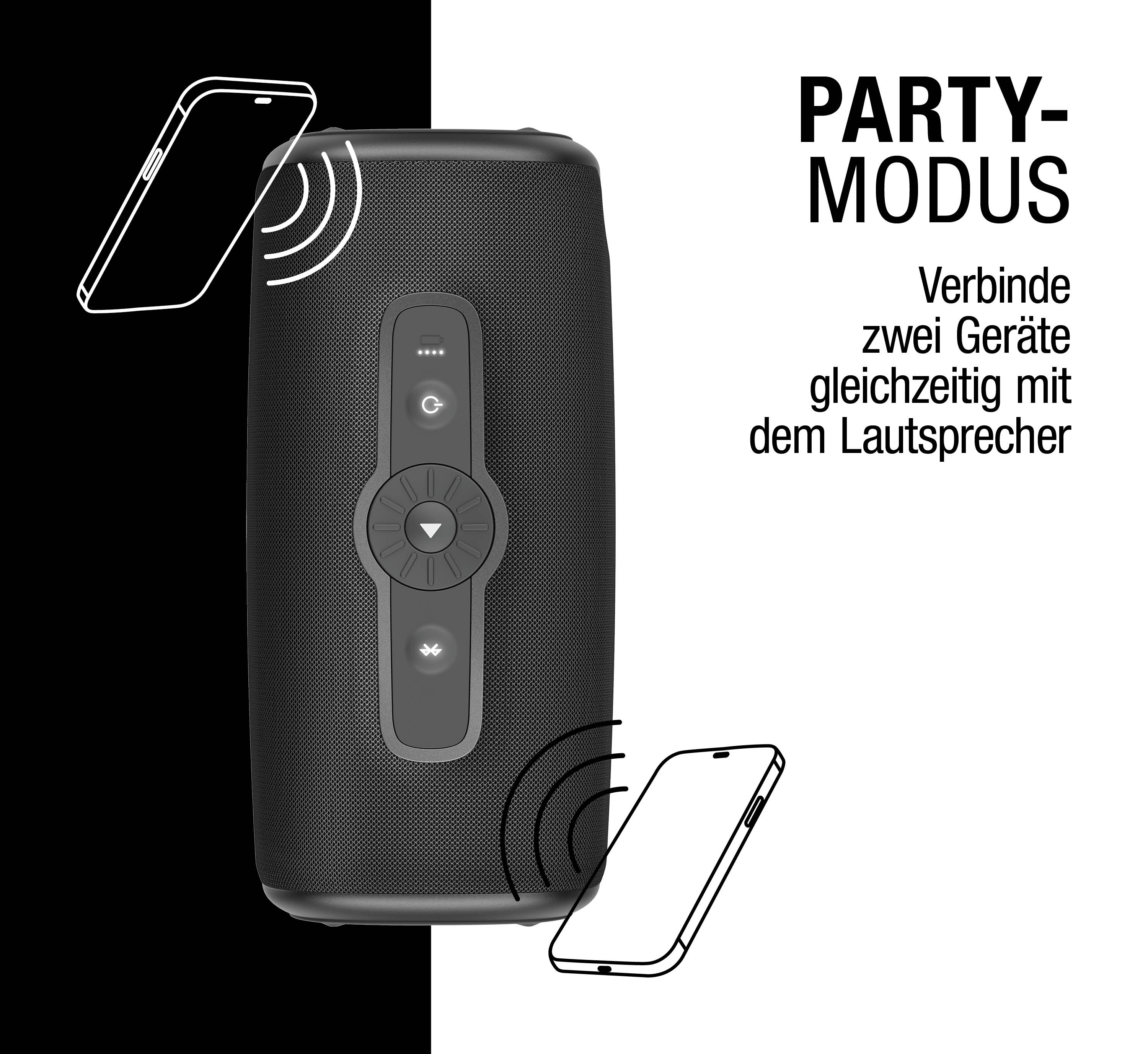 Schwarzer Lautsprecher mit zwei stilisierten Smartphones, die sich verbinden.