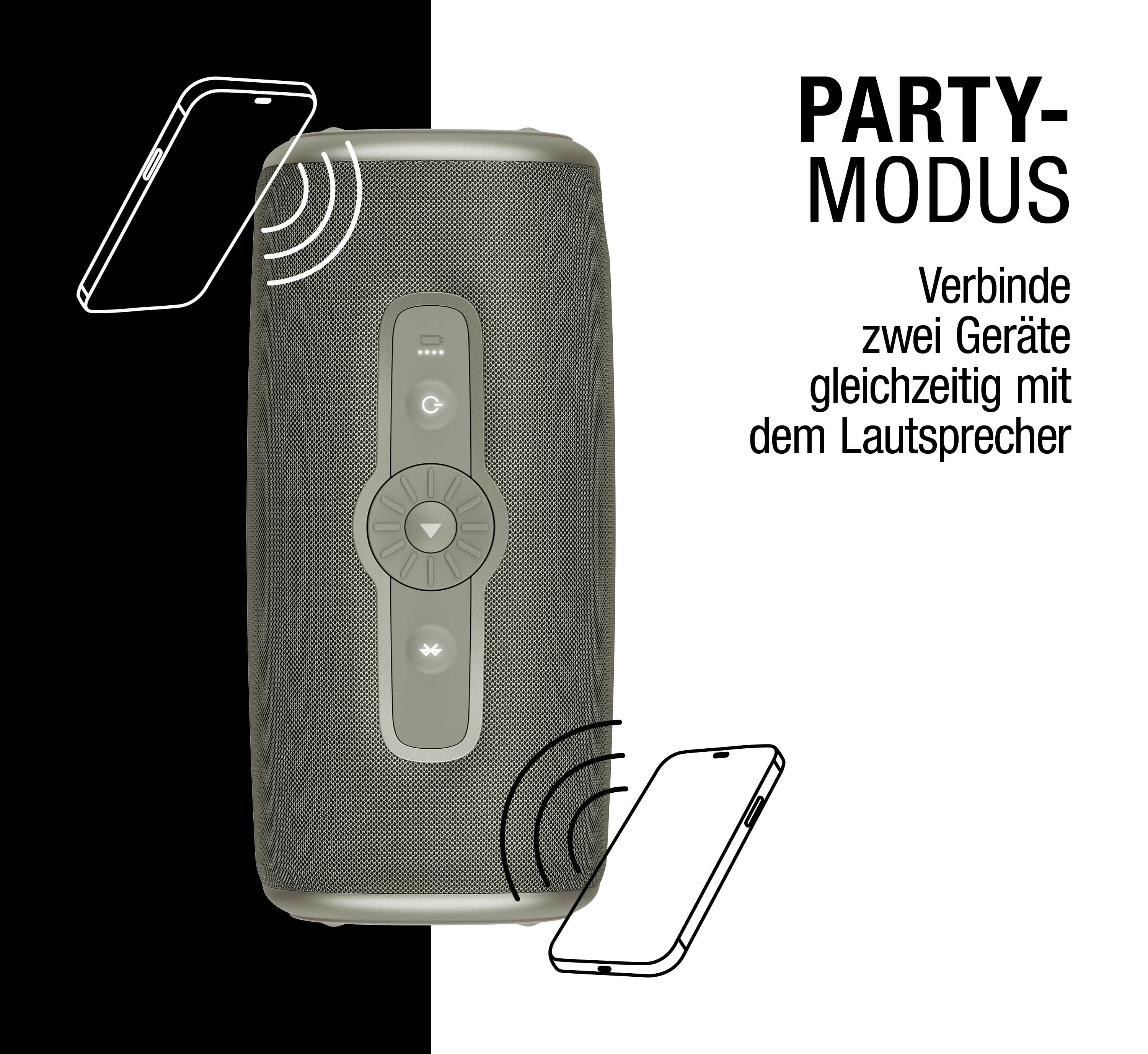 Grauer Lautsprecher mit zwei verbundenen Smartphones für Party-Modus.