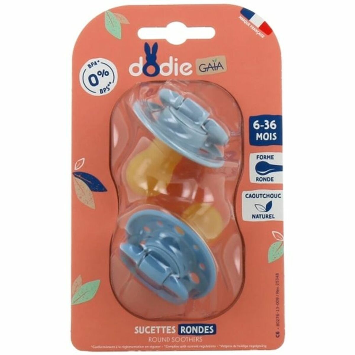 Zwei blaue und gelbe Schnuller von Dodie in einer orangefarbenen Verpackung.