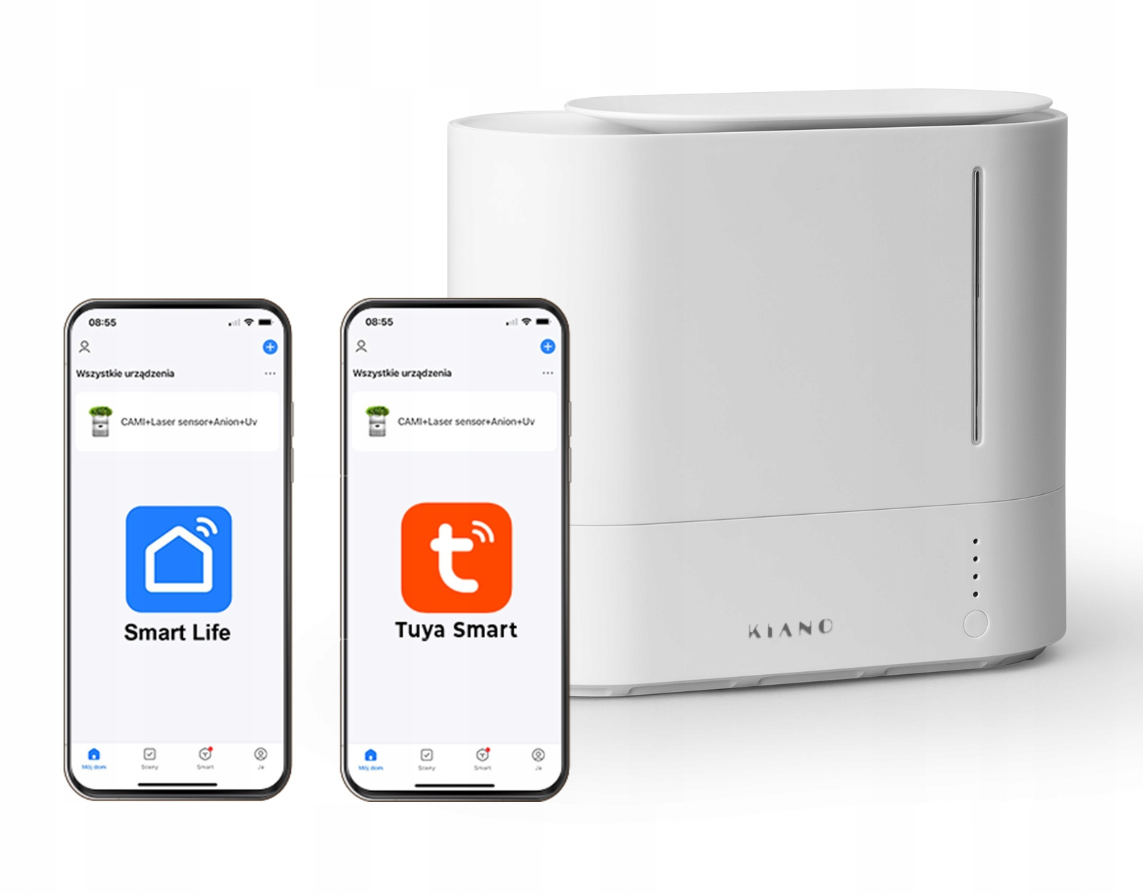 Ein weißer Luftbefeuchter neben zwei Smartphones, die Smart-Home-Apps zeigen.