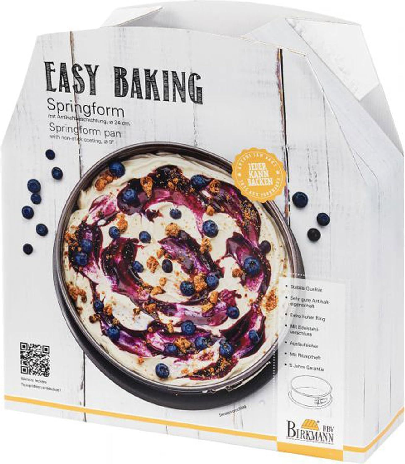 Verpackung für eine Springform mit einem Blaubeerkuchen. Text: EASY BAKING.