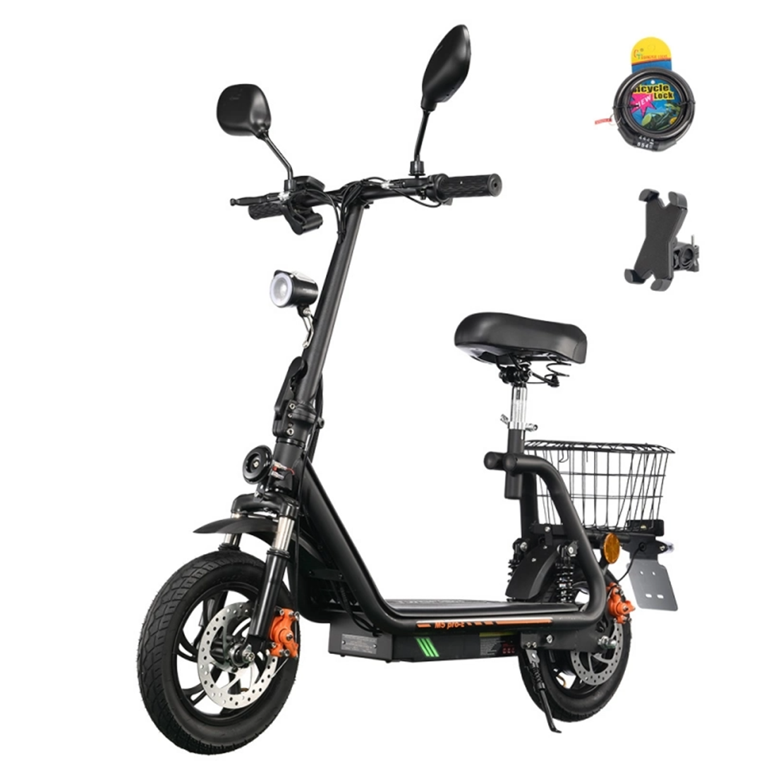 Uno scooter elettrico nero con cestino, lucchetto e supporto telefono.