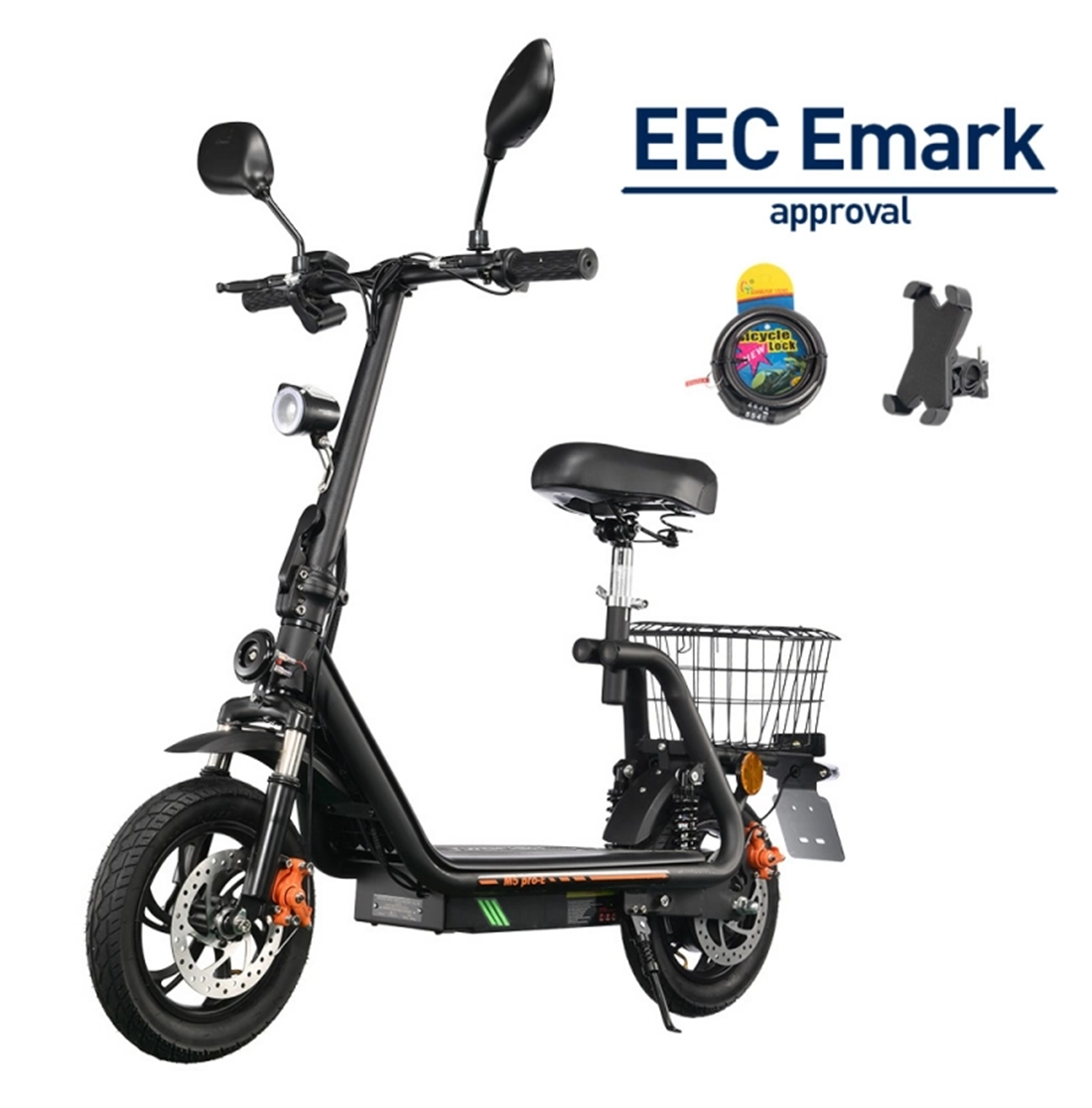 Monopattino elettrico nero approvato EEC Emark con cestino, lucchetto e porta telefono.