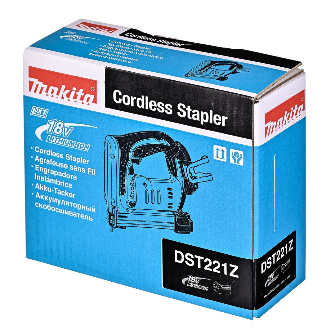 Blauer Karton mit Makita Akku-Tacker DST221Z und Produktabbildung.