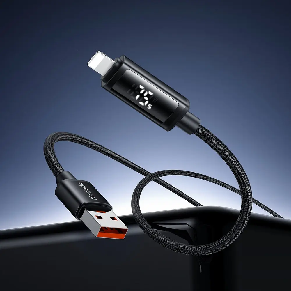 USB-A ve Lightning konektörlü siyah şarj kablosu, %75 şarj gösteriyor.