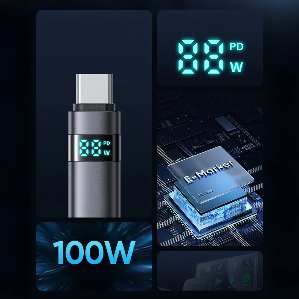 Dijital ekranlı USB-C konektör, E-Marker çipi ve 100W güç.