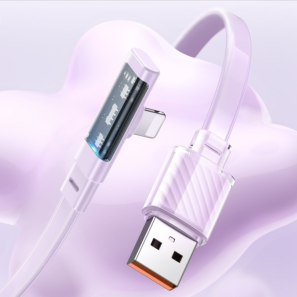 Gümüş konektörlü ve şeffaf gövdeli mor USB kablosu.