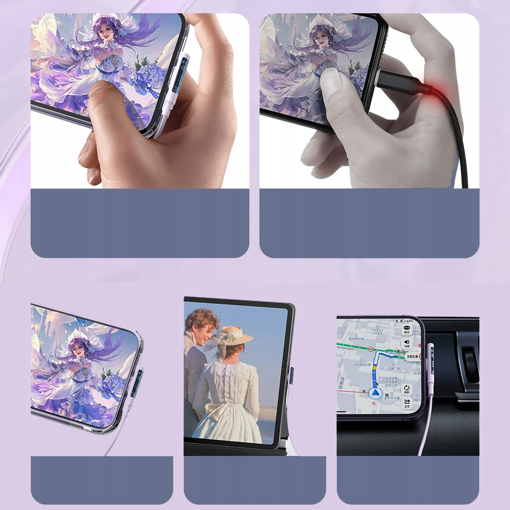 Şarj kablosuna takılı, ekranda anime olan bir akıllı telefonu tutan el.
