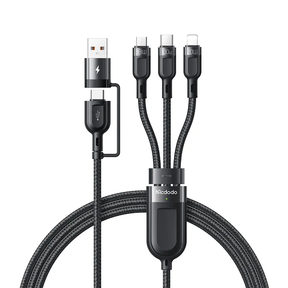 USB, USB-C, Micro USB ve Lightning konektörlü siyah Mcdodo çoklu şarj kablosu.