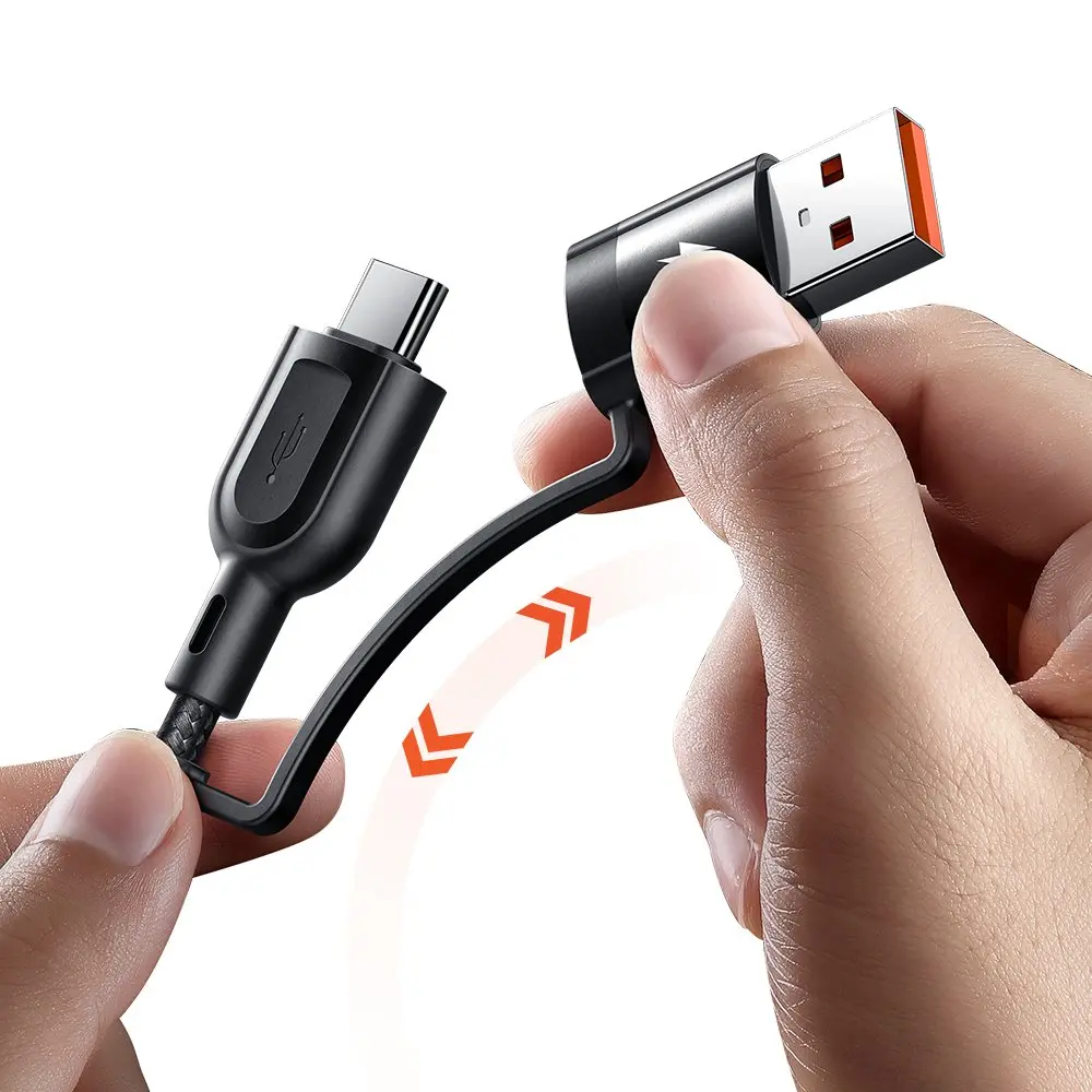 İki el, USB-A konektörlü siyah bir USB-C kablosu tutuyor.