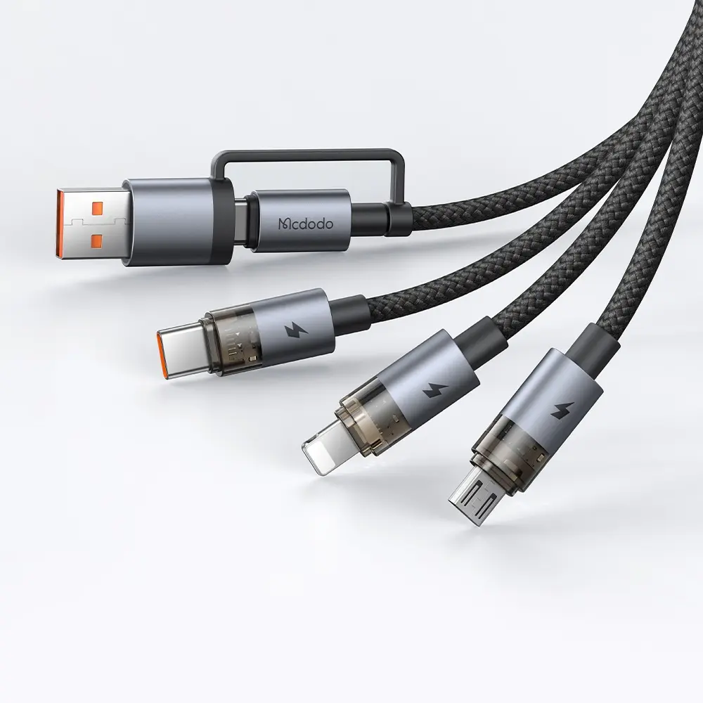 Gri Mcdodo şarj kablosu, USB-A, USB-C, Lightning ve Micro-USB konektörlü.