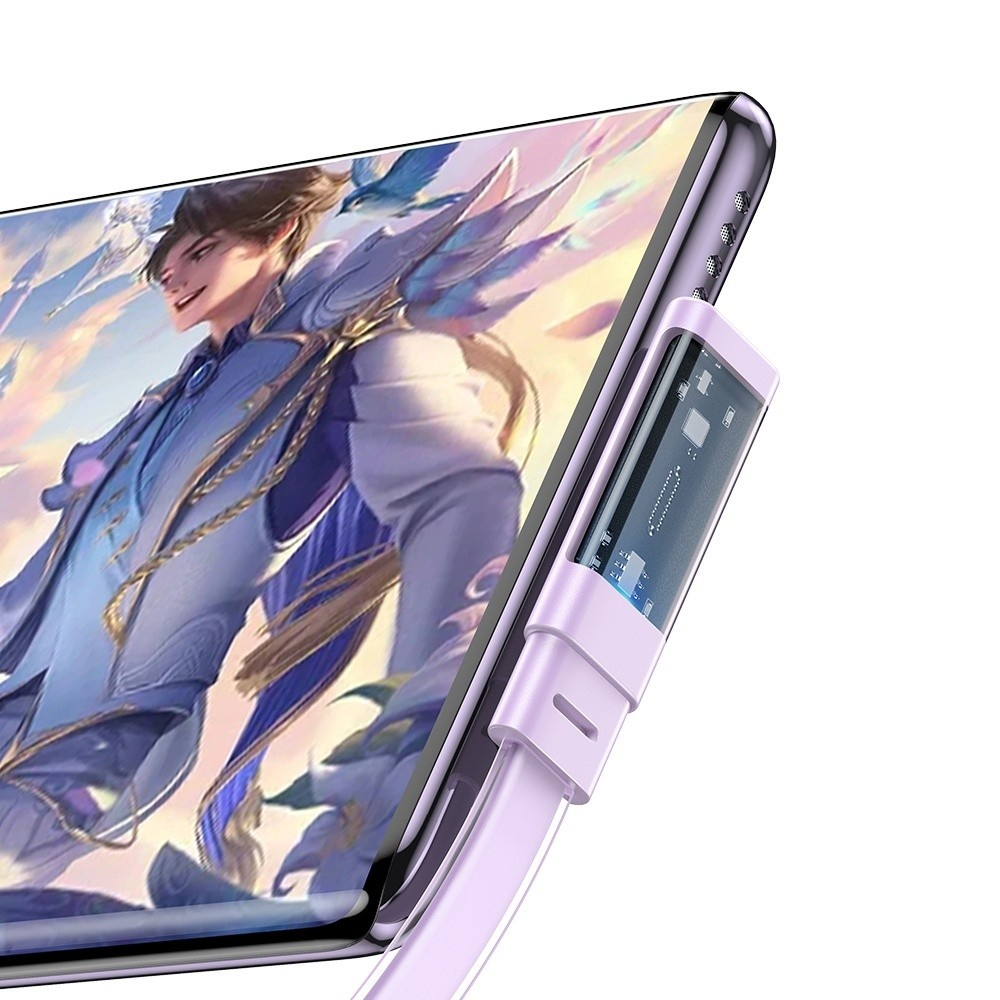 Akıllı telefon ekranı mavi anime adam, görünür devreli mor şarj kablosuna bağlı.