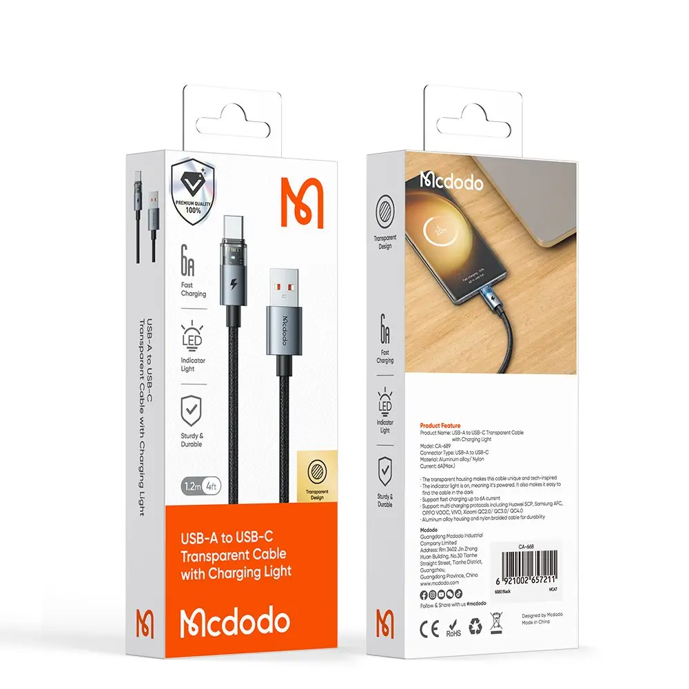 Mcdodo USB-A - USB-C şeffaf kablo şarj ışıklı ambalajı.