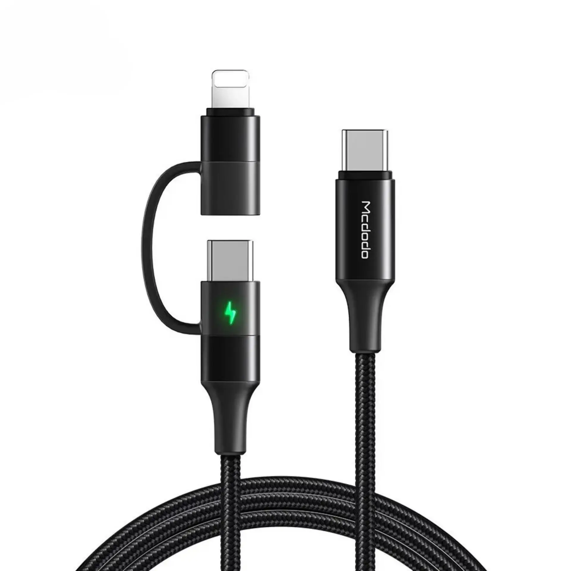 Lightning ve USB-C konektörlü siyah şarj kablosu, yeşil şimşek simgesi.