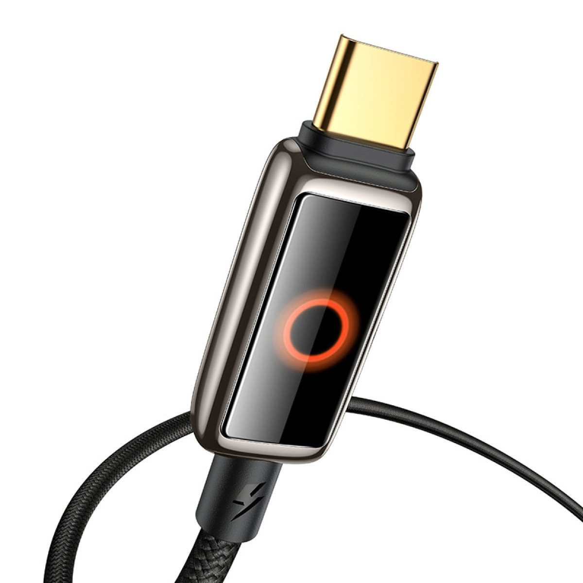 Altın rengi konektörlü, siyah arka plan üzerinde parlayan kırmızı halkalı USB-C kablosu.