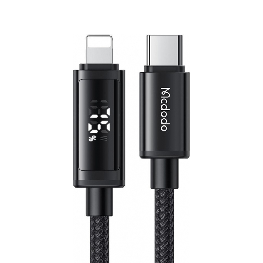 Lightning ve USB-C konnektörlü siyah şarj kablosu, dijital ekran.