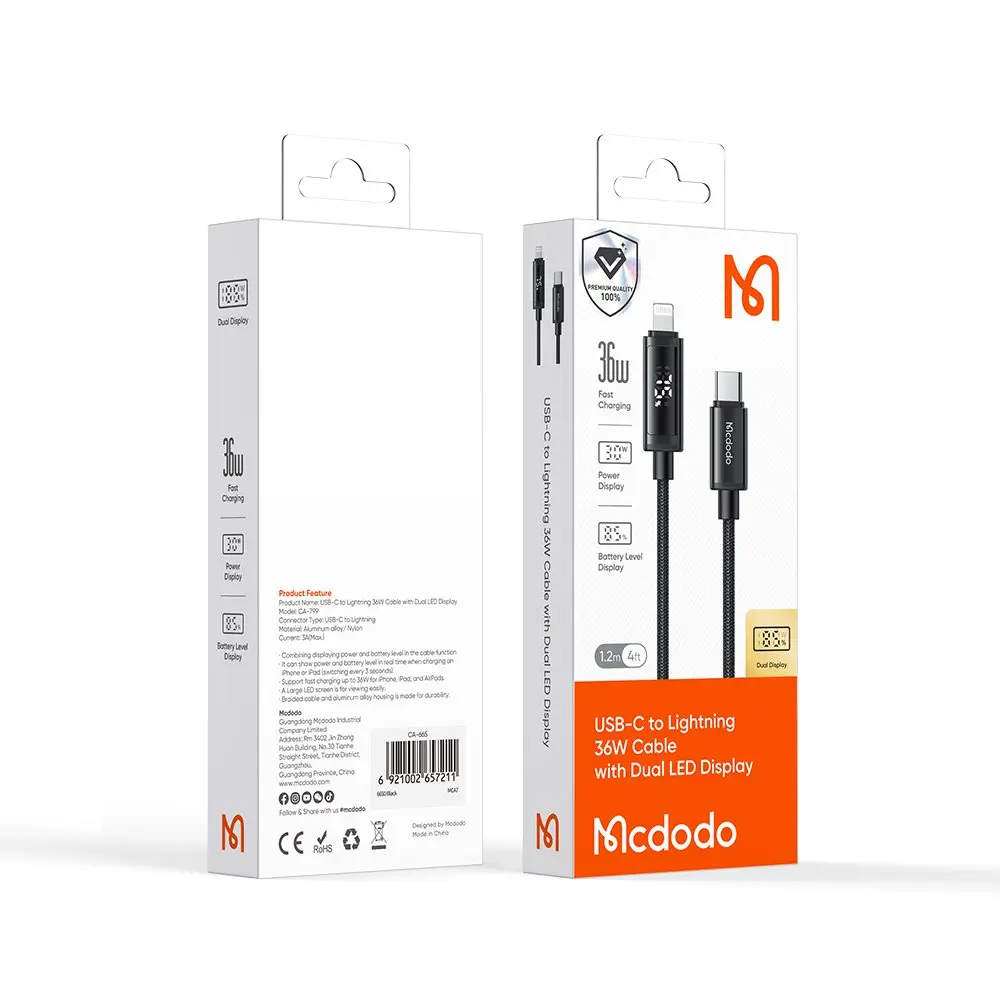 Mcdodo USB-C - Lightning 36W kablosunun çift LED ekranlı ambalajı.