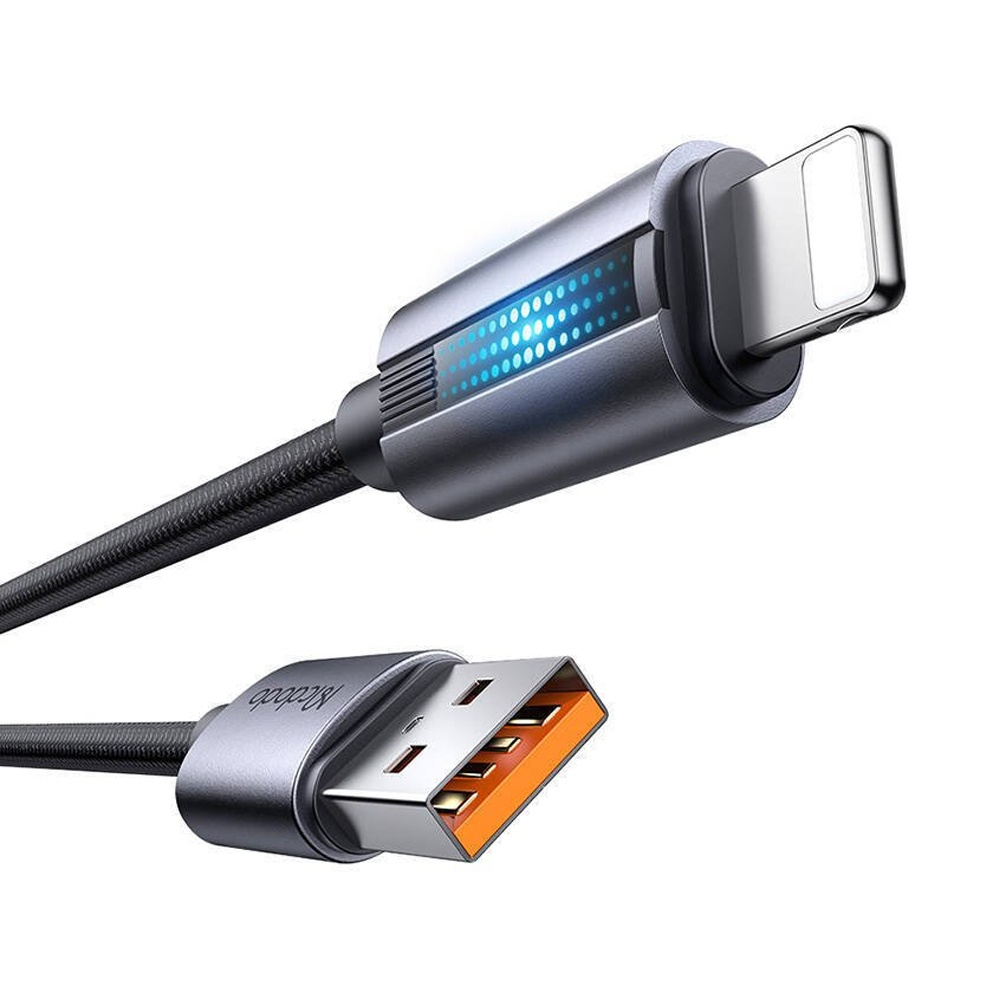 USB-A ve Lightning konektörlü gri şarj kablosu, mavi LED ışıklı.