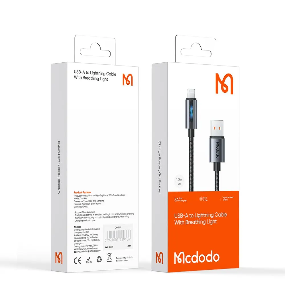 MCDODO CA-5660 USB-A To Lightning Led Işıklı 1.2 m Şarj Kablosu Siyah