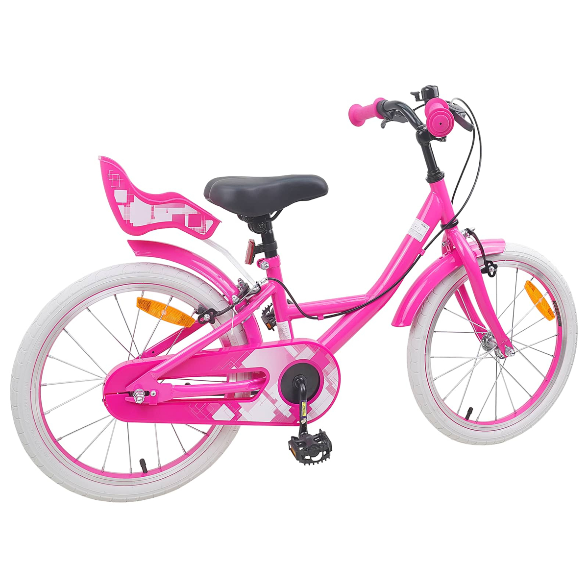 Ein pinkes Kinderfahrrad mit weißen Reifen, einem schwarzen Sattel und einem Kindersitz.