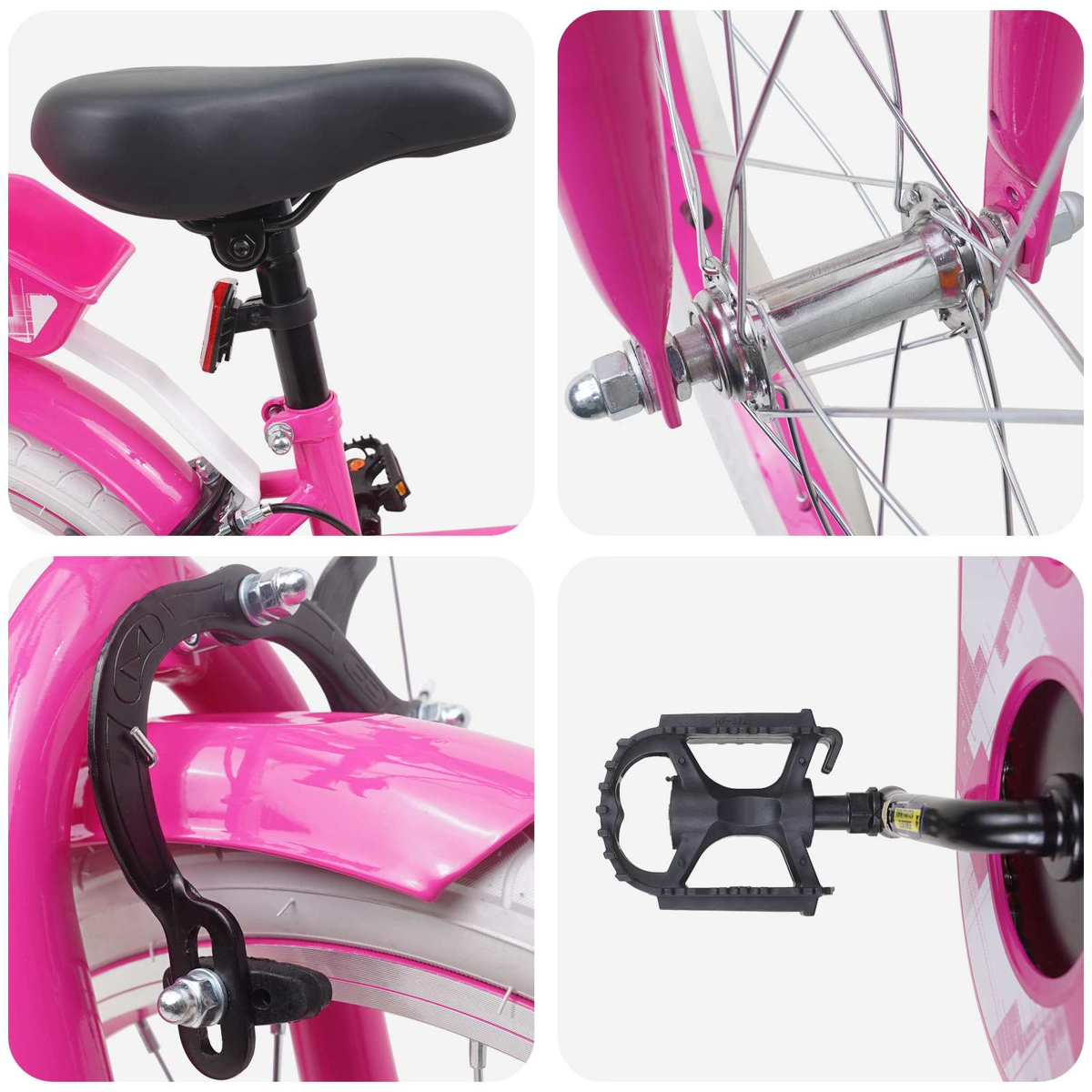 Nahaufnahme eines pinken Kinderfahrrads, das Sattel, Speichen, Bremse und Pedal zeigt.