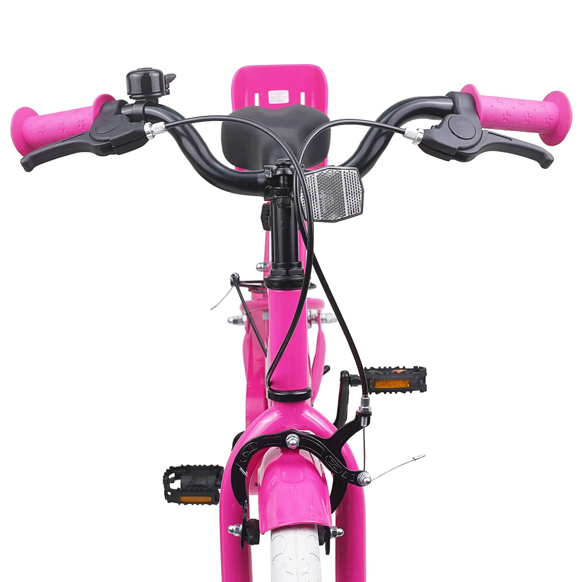 Vorderansicht eines pinken Fahrrads mit schwarzem Lenker, pinken Griffen und schwarzem Sitz.