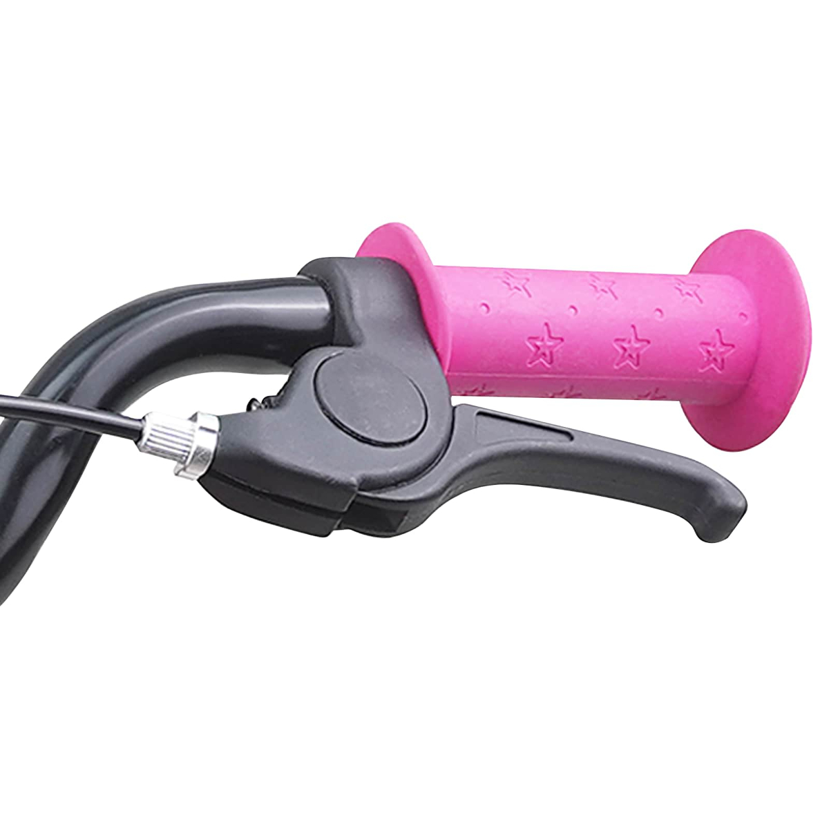 Ein pinker Fahrradgriff mit Sternen und ein schwarzer Bremshebel.