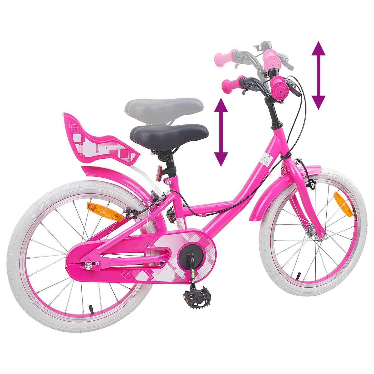 Pinkes Fahrrad mit weißen Rädern. Sattel und Lenker verstellbar.